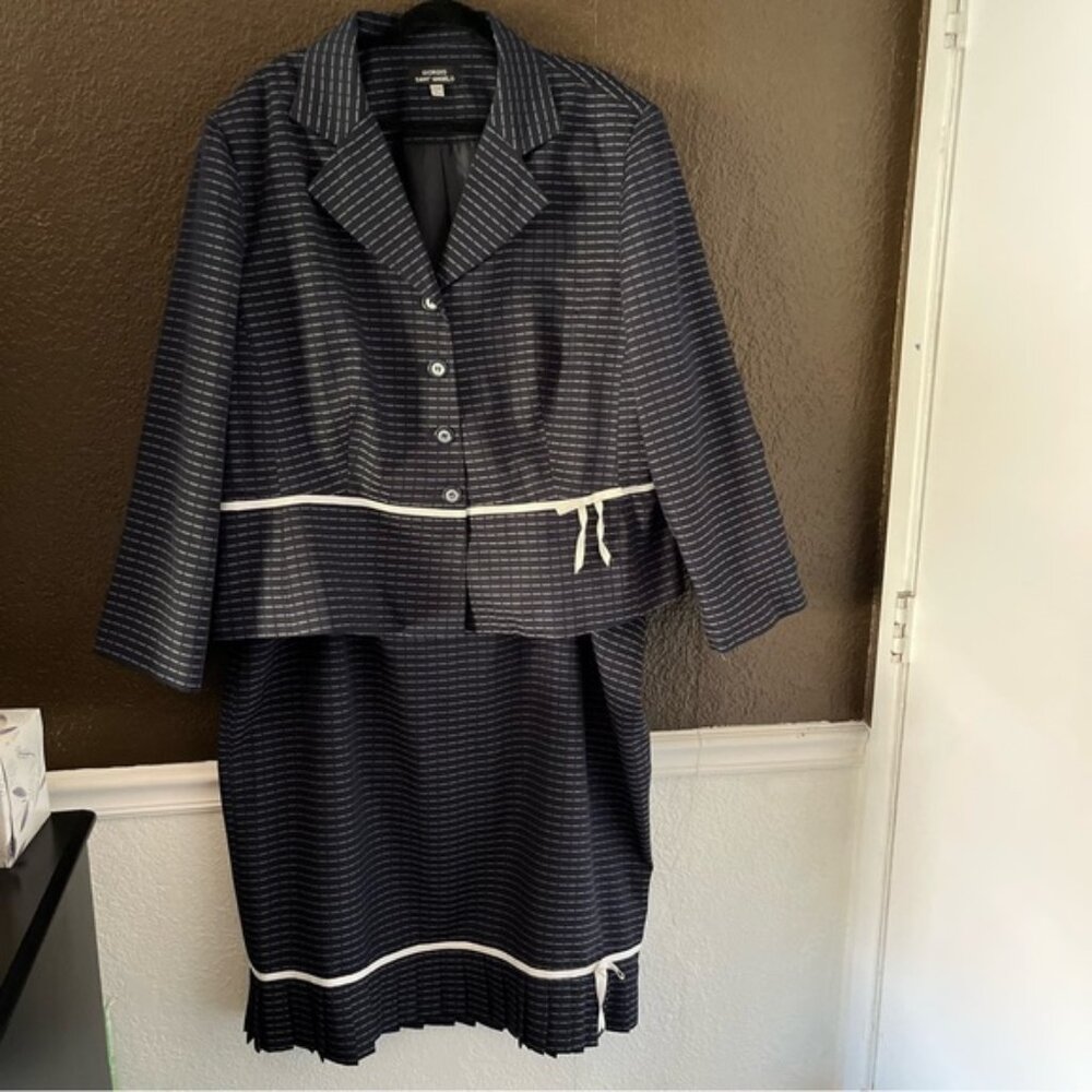 Navy Blue & White Patterned Skirt Suit with Ruffle Bottom, Size 24W